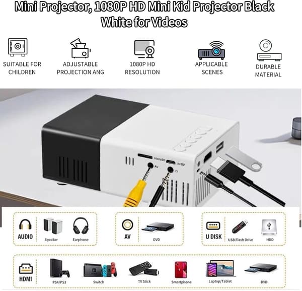 wxsp 1 Piece Wireless Projector Black White 4K Support Mobile Phone Screen Mirroring Mini Portable Projector Bedroom Home