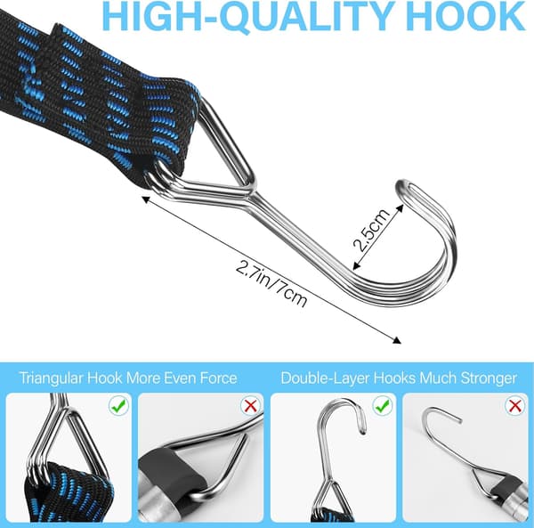 This set of 4 adjustable elastic cords with hooks is ideal for transporting goods, bicycles, etc.
