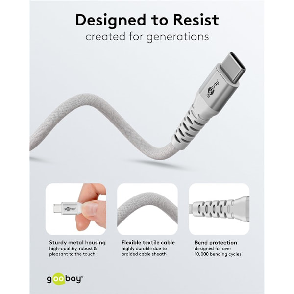 USB-C™ supersoft textile cable with metal connectors, 3 m, white