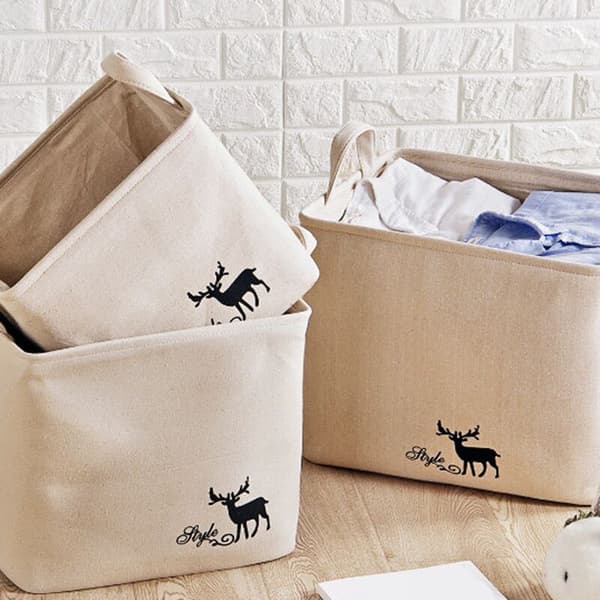 Beige Cotton Laundry Basket with Handles, Cute Foldable Clothes Sundries Bag Box Holder Organizer-L