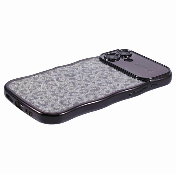 Deksel til iPhone 16 Curly Frame TPU Mobildeksel Leopardtrykk Glitter-Svart