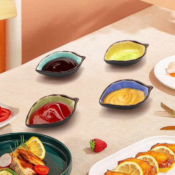12-pack keramiska sojasåsskålar, 4 tum 2 oz bladformade små skålar för salsa och dipp till charkbricka