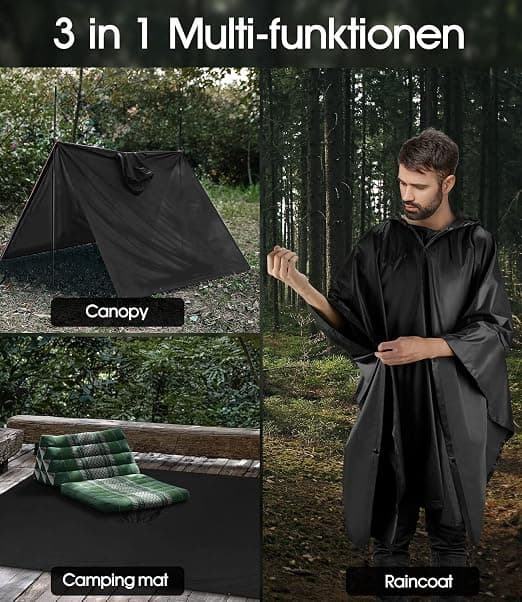 Svart, 140 * 200 cm vanntett ponchohette, 3-i-1 militær multifunksjonell