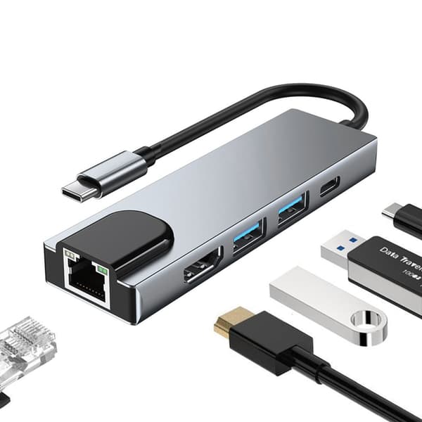 5-i-1 USB C-dokkingstasjon, Type C til HDMI-adapter, RJ45 Ethernet, 4K HDMI, 100W PD, 2 USB 3.0 Kompatibel med MacBook Pro/Air og Type C-enheter