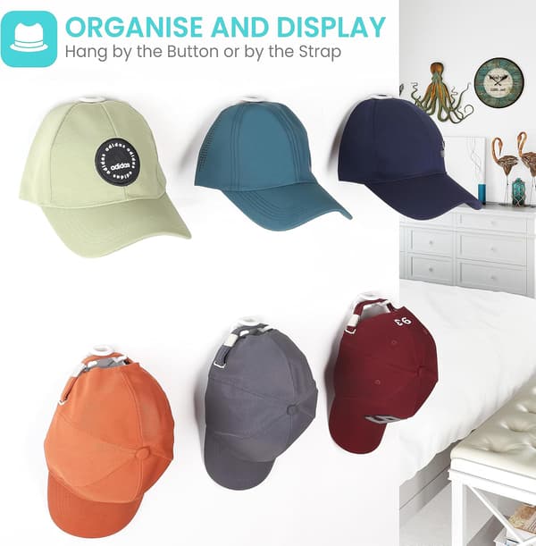 White 16-Pack Self-Adhesive Hat Hangers - Self-Adhesive Wall Hat Holder for Baseball Caps - No-Drill Wall Mount for B