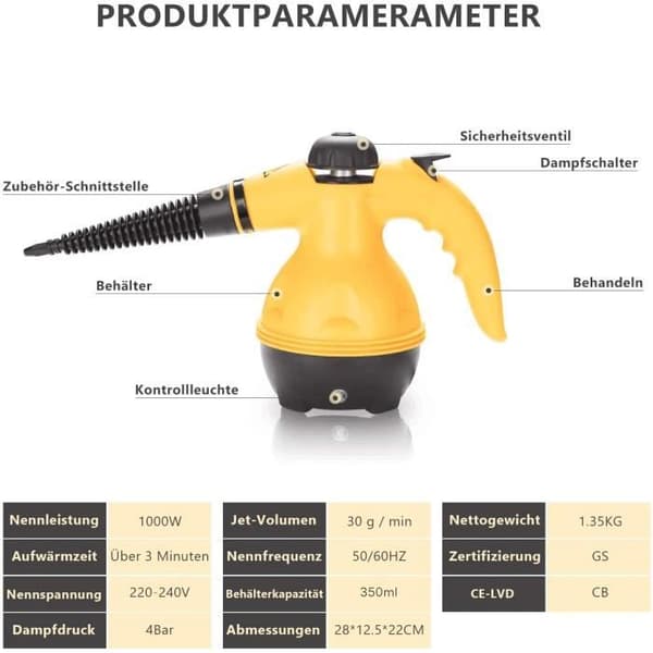 Bærbar damprenser - Husholdningsapparater - 1000 W - 4 bar - 350 ml - Gul