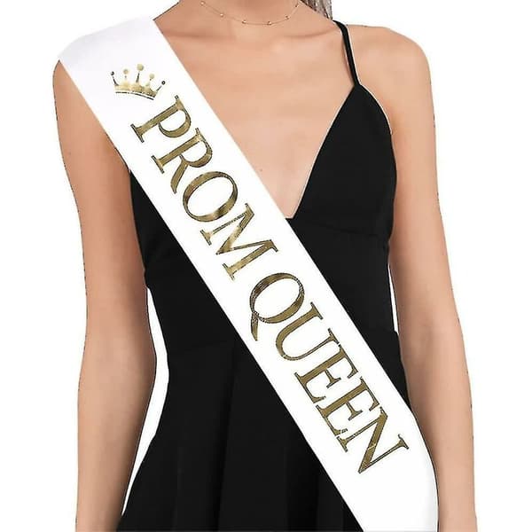 Katea \"Prom King\" och \"Prom Queen\" band - Sash för bal- och skolfester, vit med guldfärgad text