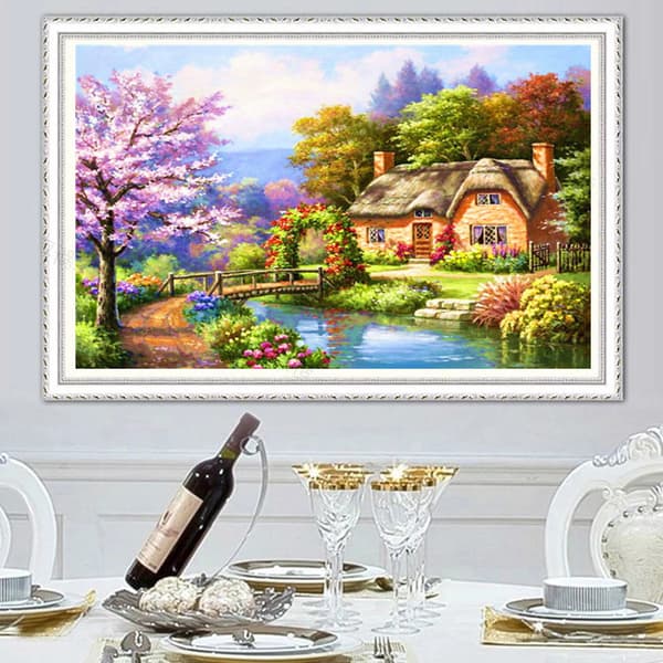 30x40cm Kit#B 5D DIY Diamantmaleri, Huslandskab Diamant Pa