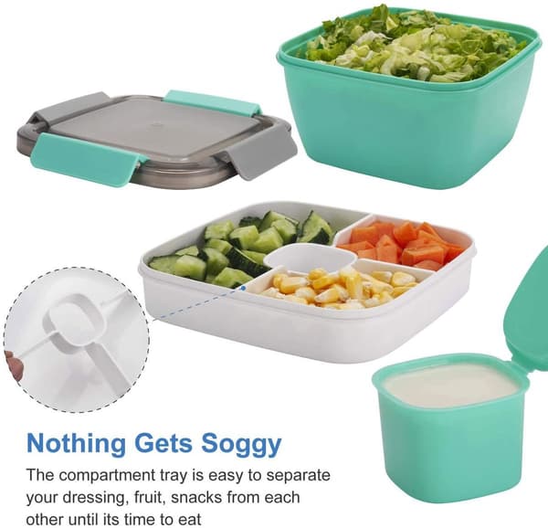 Salad Box, Leak-Proof PP Container with 3 Compartments, Dressing Cup and Fork, for School, Work and Travel, Green, 1500 ML