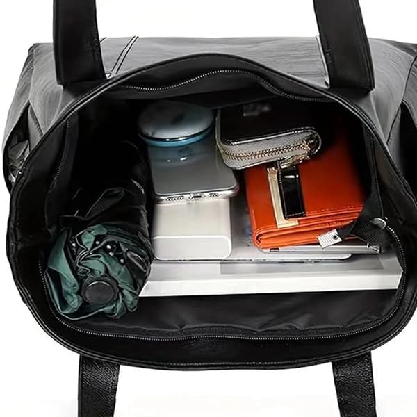 Women's PU Bag with Zipper and Multiple Compartments for Work, Commute, and Shopping, Black, 32 x 11 x 27 cm
