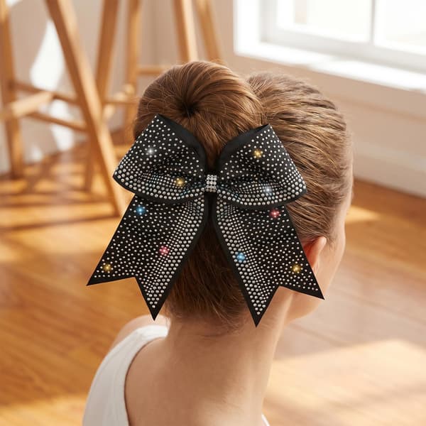Xinjoduz 2 st 10\" stora svarta cheerrosetter med iriserande strass, cheerleading glittriga styva hårrosetter med elastiskt band