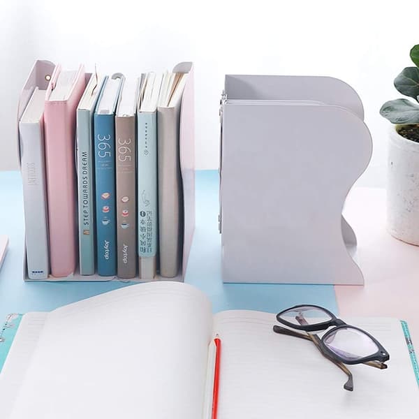 Adjustable Iron Metal Bookends for Home, Office, (White, Medium)