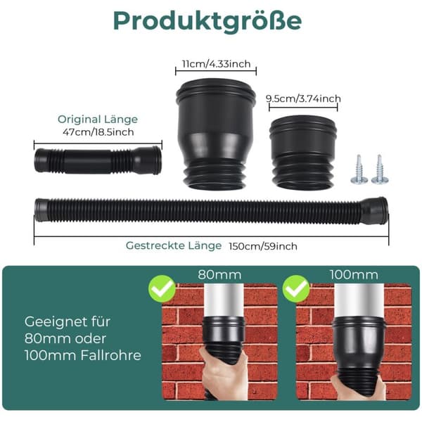 Flexible Gutter Extension - Telescopic Extension 47 to 150 cm - 80/100 mm Adapters - Thick PE Material for Weather Resistance