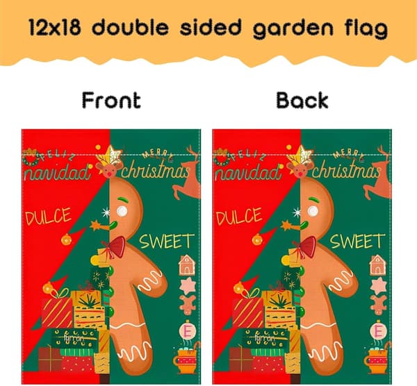 Gingerbread Pattern and Christmas Tree Garden Flag, Winter Garden Flag, 12x18 Double-Sided Linen
