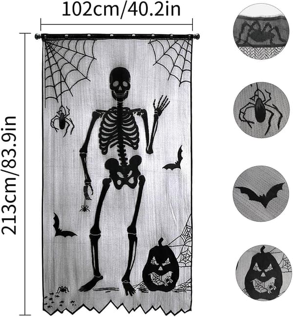 Halloween-gardiner, 2 stk. skelet-edderkoppespindsgardin dør P