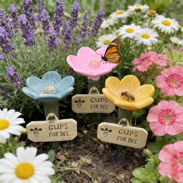 Bi-vattenstation Insektsdrickskoppar Blomformad Design Säker Drickspunkt, Blå, Rosa, Gul, Hållbar, För Trädgård