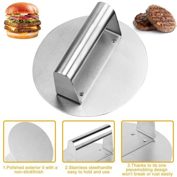 Hamburgerpress i rustfrit stål, 16 cm (6 tommer) rund Smash Burger Press, professionel hamburgerpress