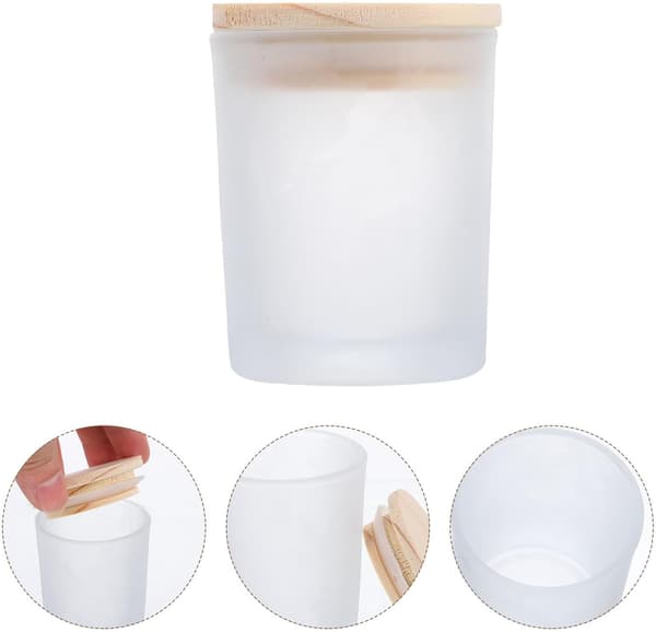 Frostat vitt glasljus med svart bambulock, 5 cm diameter x 6 cm höjd