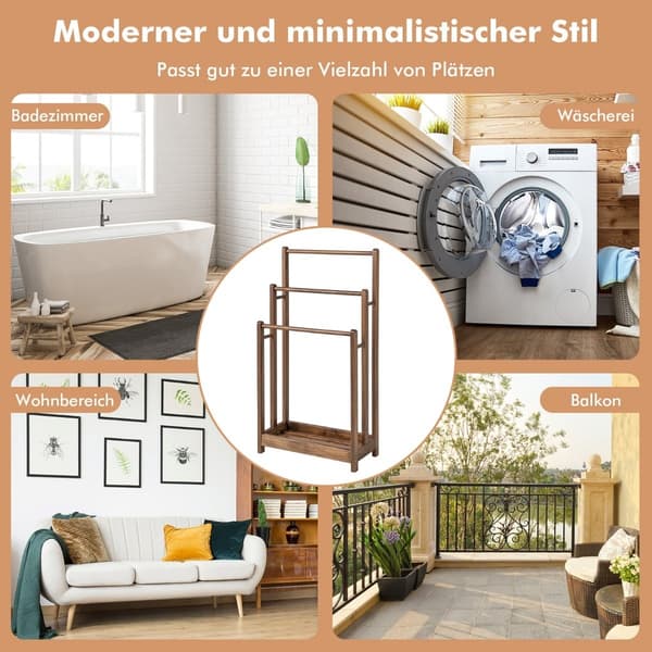 Fristående håndkleholder i tre, 3 etasjer med hylle, brun