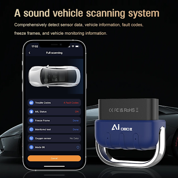 Bil Feilkodeleser: AI OBD Smart Diagnose, Motorfeildiagnose, Slett Feilkoder, Sanntidsdata, Batterispenning, O2-sensortest