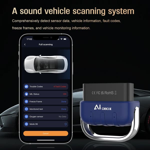 Bil Fejlkodelæser: AI OBD Smart Diagnose, Motorfejldiagnose, Ryd Fejlkoder, Realtidsdata, Batterispænding, O2-sensortest