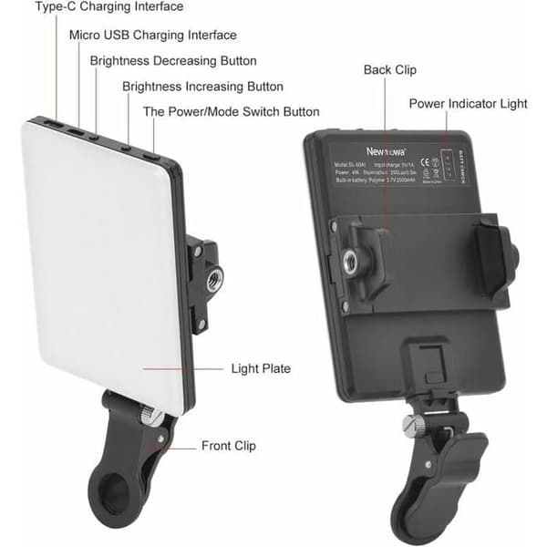 60 LED High Power Rechargeable Clip-on Video Light with Front and Rear Clips, Adjustable to 3 Brightness Modes for Phones.