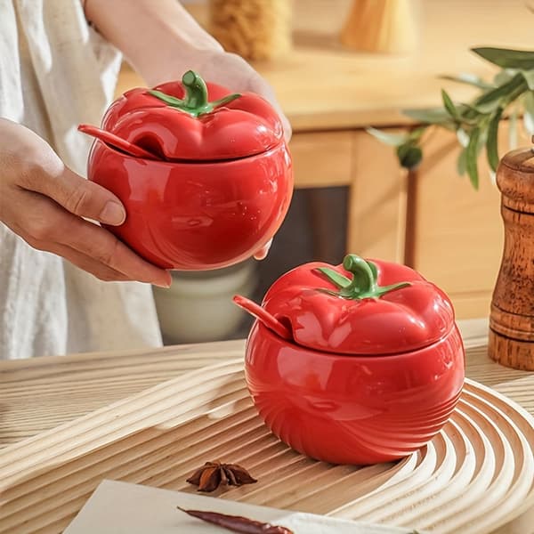 Tomatformad keramisk kryddburk med lock, dekorativ kryddkruka för salt, socker, förvaring, present