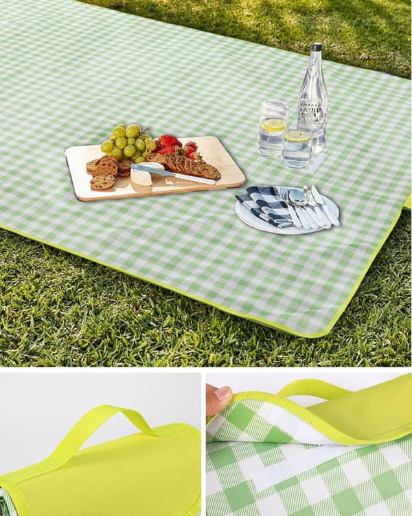 (Grøn og hvidternet) 200*150cm Picnictæppe, Foldbart Pi