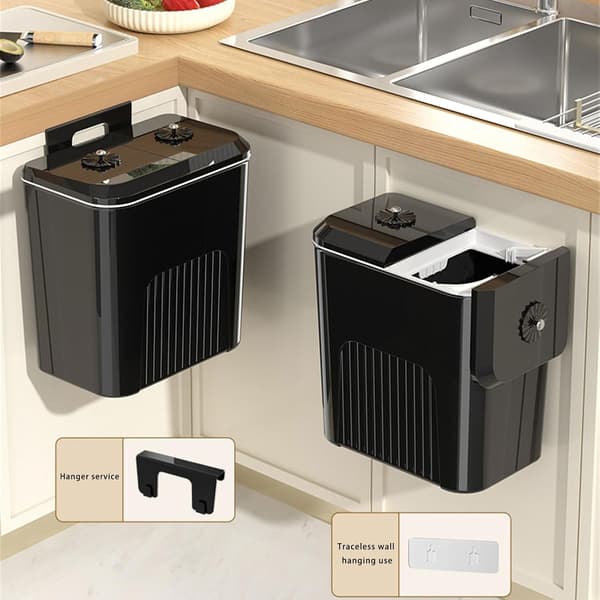Wall-mounted Compost Bin for Dry and Wet Waste, Double Lid, Under-sink or Desk Trash Can, Home, Office, Black