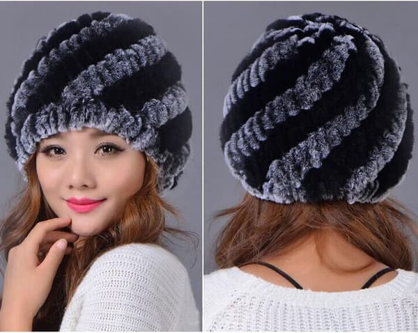 Dame Rex Kaninpels Hatte, Mode Vinter Varm Pels Hue Strik Hue Skihue Sort Medium Black Medium