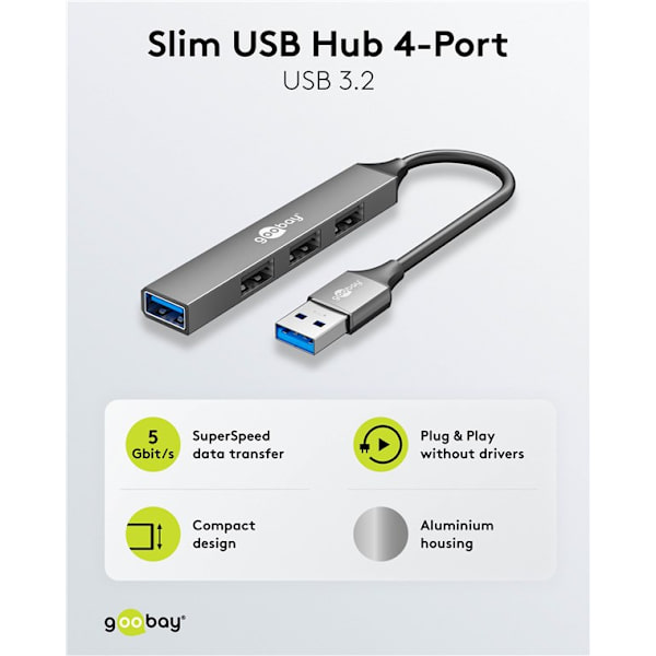 Slank USB-hub med 4 porter, USB-A til USB-A, 5 Gbit/s Ljusgrå