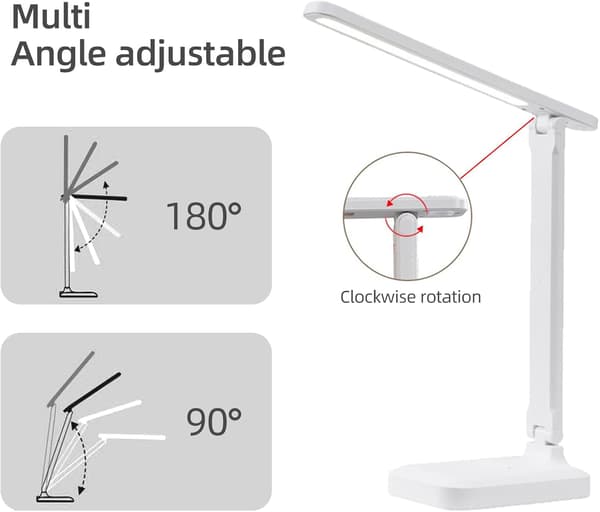 Skrivebordslampe, LED-bordlampe, sammenklappelig 3-farvet belysningsniveauer, USB