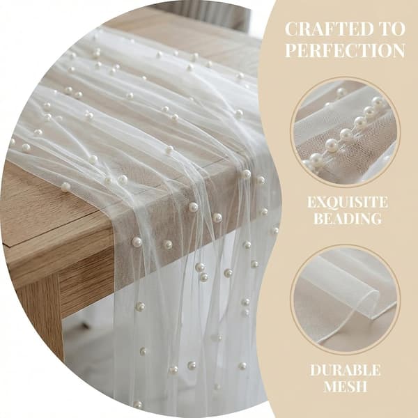 White Elegant Pearl Table Runner, 75x300 cm Sheer Cheesecloth for Wedding Decorations, Bridal Shower, Birthday Party, Dining Table Decor