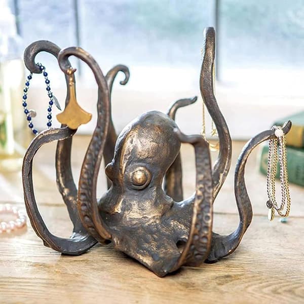 Dekorativ blæksprutte krusholder, harpiks, bronzefarve, 24,9 x 16 cm, kaffekop displaystativ.