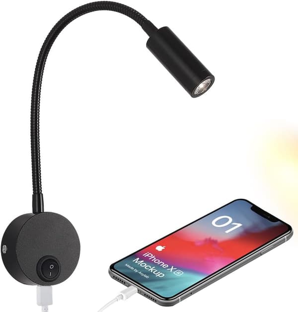 12V DC leselys med USB-ladeport, bobilinteriørbelysning, fleksible LED-lys (svart)