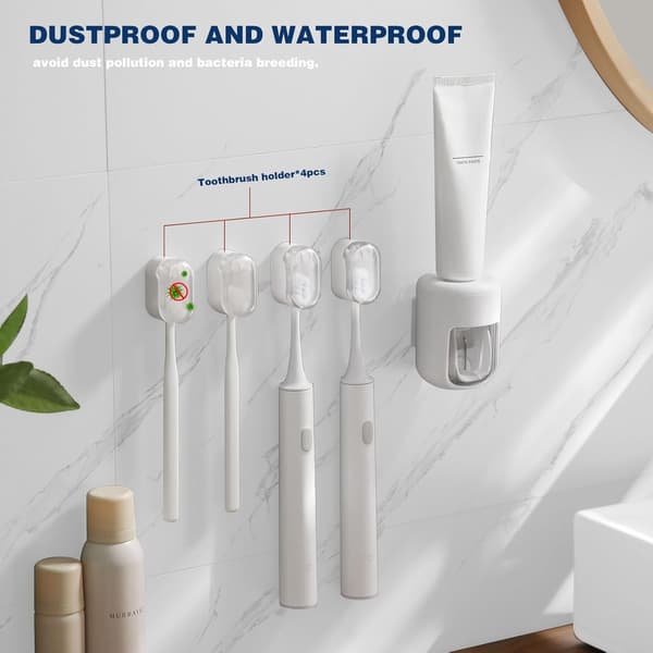 Toothbrush Holder 4-pack Dustproof Wall Mounted Self-Adhesive Organizer for Electric and Manual Toothbrushes White
