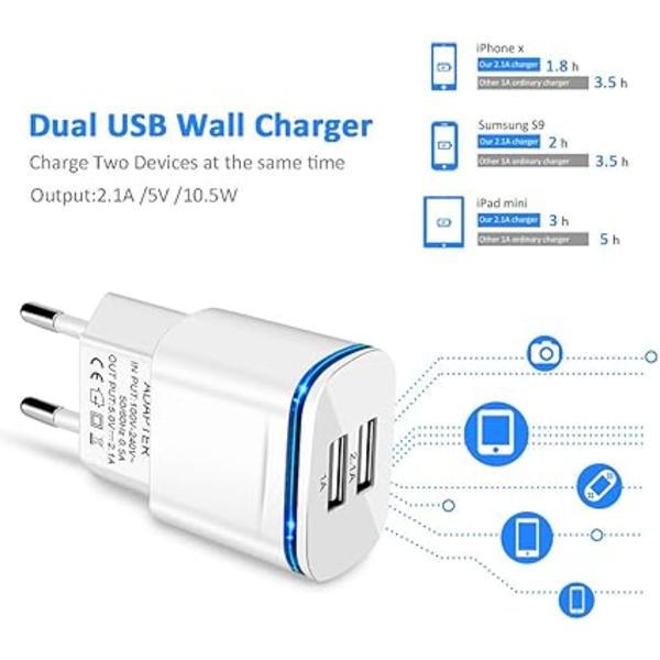 1st Ström USB-ladeadapter, 2.1A 5V 2-Port Universal LED-strømadapter