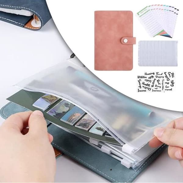 Loose-leaf binder with 8 zipper pockets, budget planner for money saving, pink