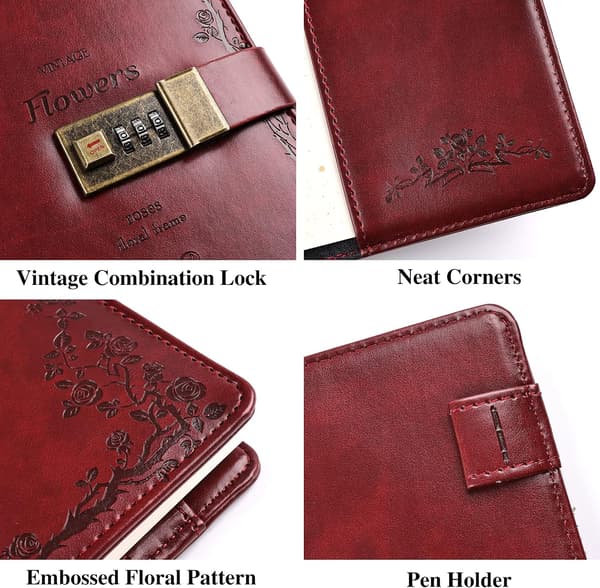 Floral Leather Journal with Lock Writing Diary Notebook Combination Password Lined Refillable Paper 200 X 140 Mm (Red) Red Red
