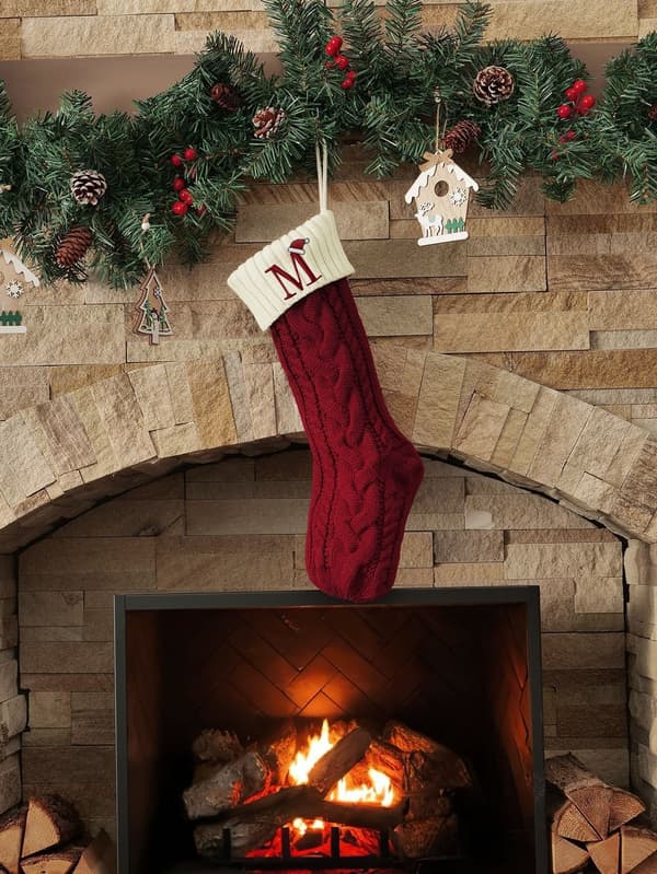 Personalized Embroidered Christmas Stocking - Knitted M Letter Pattern Christmas Decoration