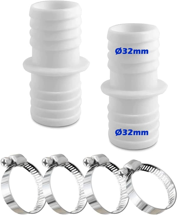 Sæt med 2 x 32 mm slangekoblinger med 4 rustfri stålslangeklemmer, hvid, dobbeltadapter til pool