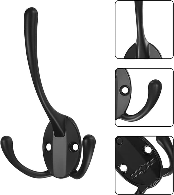 Pack Coat Hooks, Three Hooks Wall Mounted Coat Rack with Screws for Hanging Jacket, Hat, Towel, Scarf, Bag, Key, Cap - Black