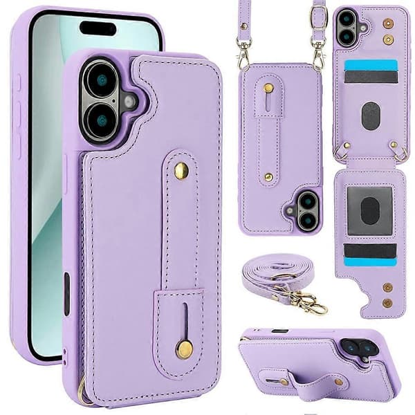Compatible with iPhone 17 Case, Stand, Card Slots, Leather Coated TPU Case with Shoulder Strap Purple Purple