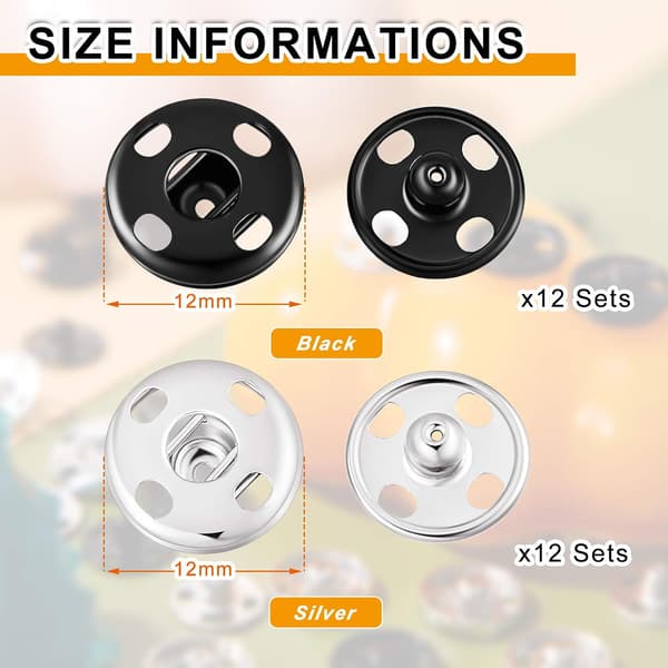 24 sæt syede trykknapper (12 mm), syede trykknapper, sorte sølv metal trykknapper, seler, håndtasker, syproces DIY produktnitter