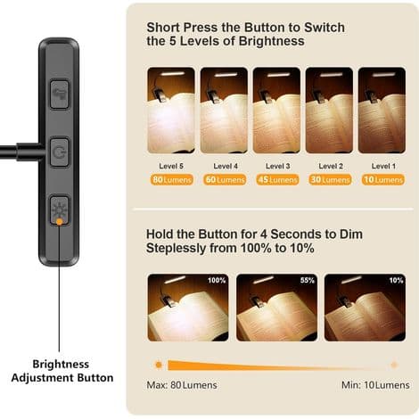 Night Reading Light — 3 Eye Protection Modes, Ultra-Long Battery Life — Black