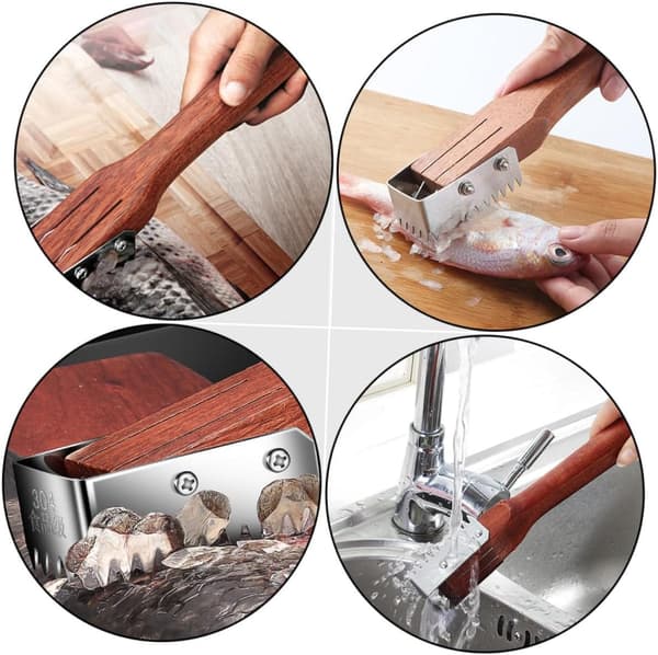 27 cm Fish Scale Brush with Stainless Steel Serrated Blades Fish Scale Tool Kitchen Fish Scale Scraper Wooden Handle