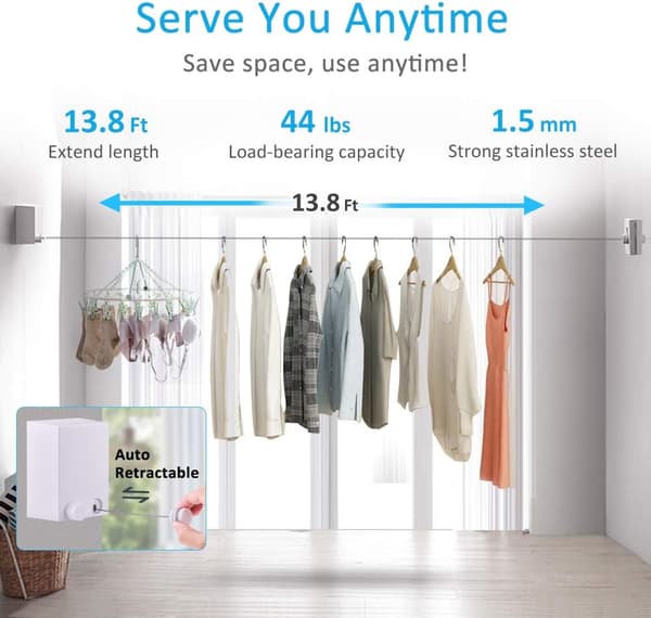 Retractable clothesline, stainless steel wire, easy installation,