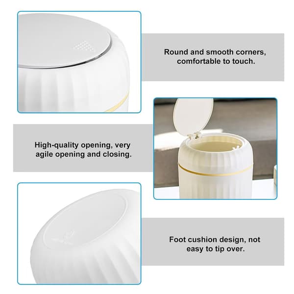 Tabletop Container with Push-Button Lid, 2L Mini Bathroom Trash Can, Office Trash Can for Living Room, Office, White (13×13×16cm)