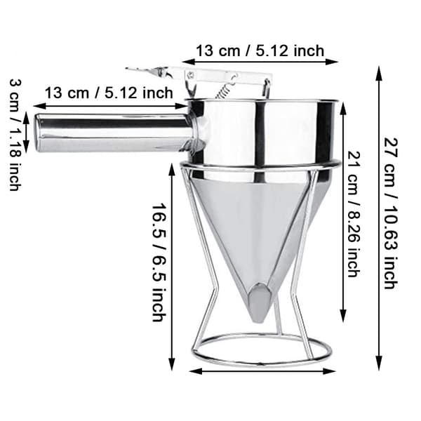 Rostfri røredeispenser, måletrakt, pannekaketrakt