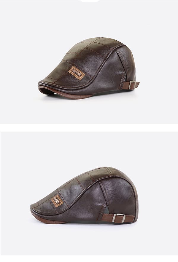 Mørkebrun trendy skinnberet for menn, justerbar PU-skinnlue